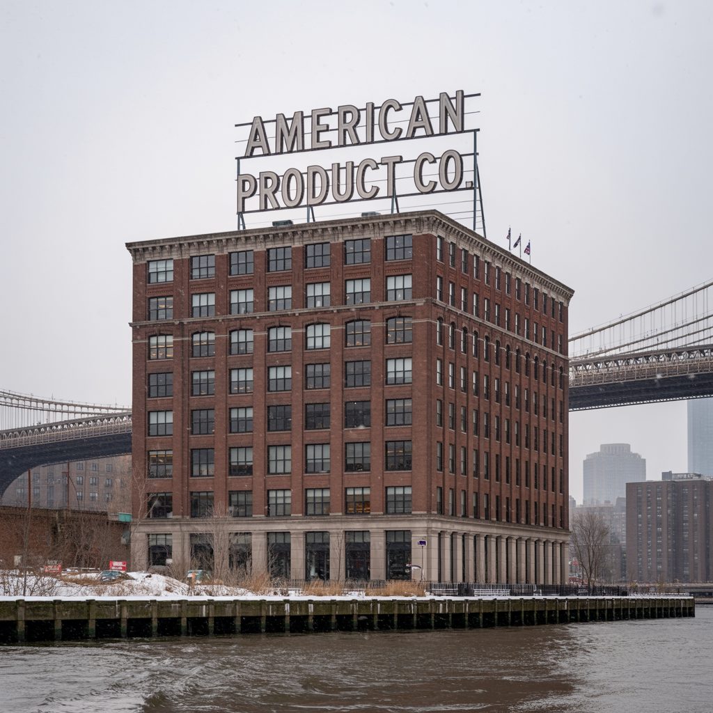 The American Product Co. building on the Brooklyn waterfront, with its rooftop sign