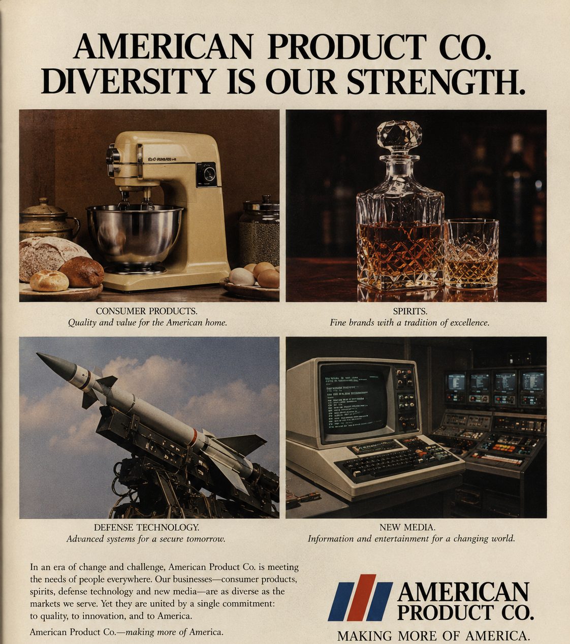 1979 corporate advertisement: Diversity Is Our Strength, with a stand mixer, a whiskey decanter, a missile, and a computer terminal