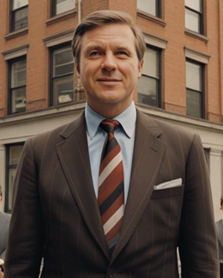 Douglas Pell in a brown pinstripe suit and striped tie, standing in the street