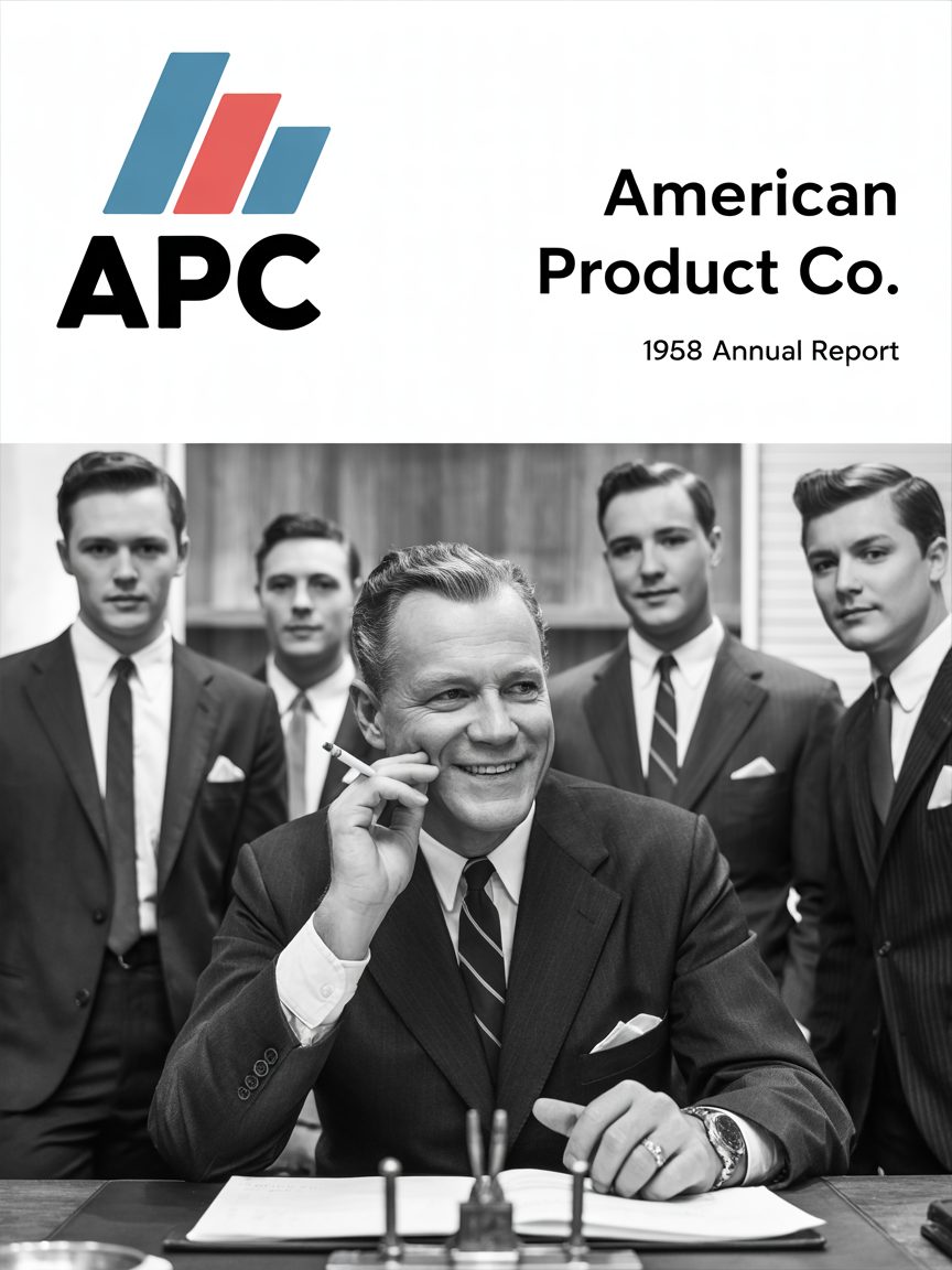 Cover of the 1958 annual report: Walter Pell at his desk with a cigarette, four younger executives standing behind him