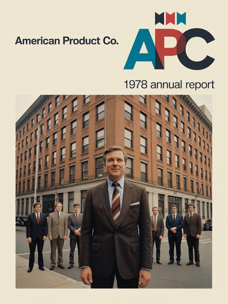Cover of the 1978 annual report: Douglas Pell standing in the street in front of the Brooklyn building, his division heads behind him