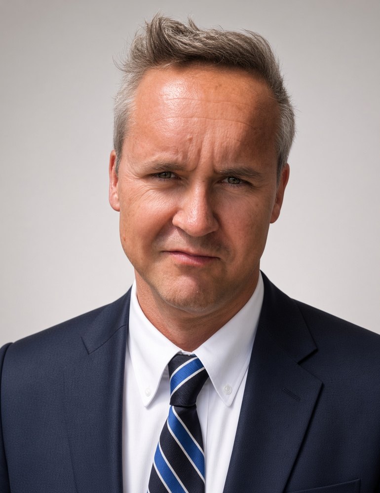 Roy Price in a navy suit and blue striped tie